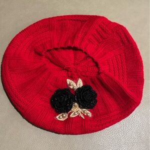 Red Knit Beret with Black Floral and Pearl Embellishment